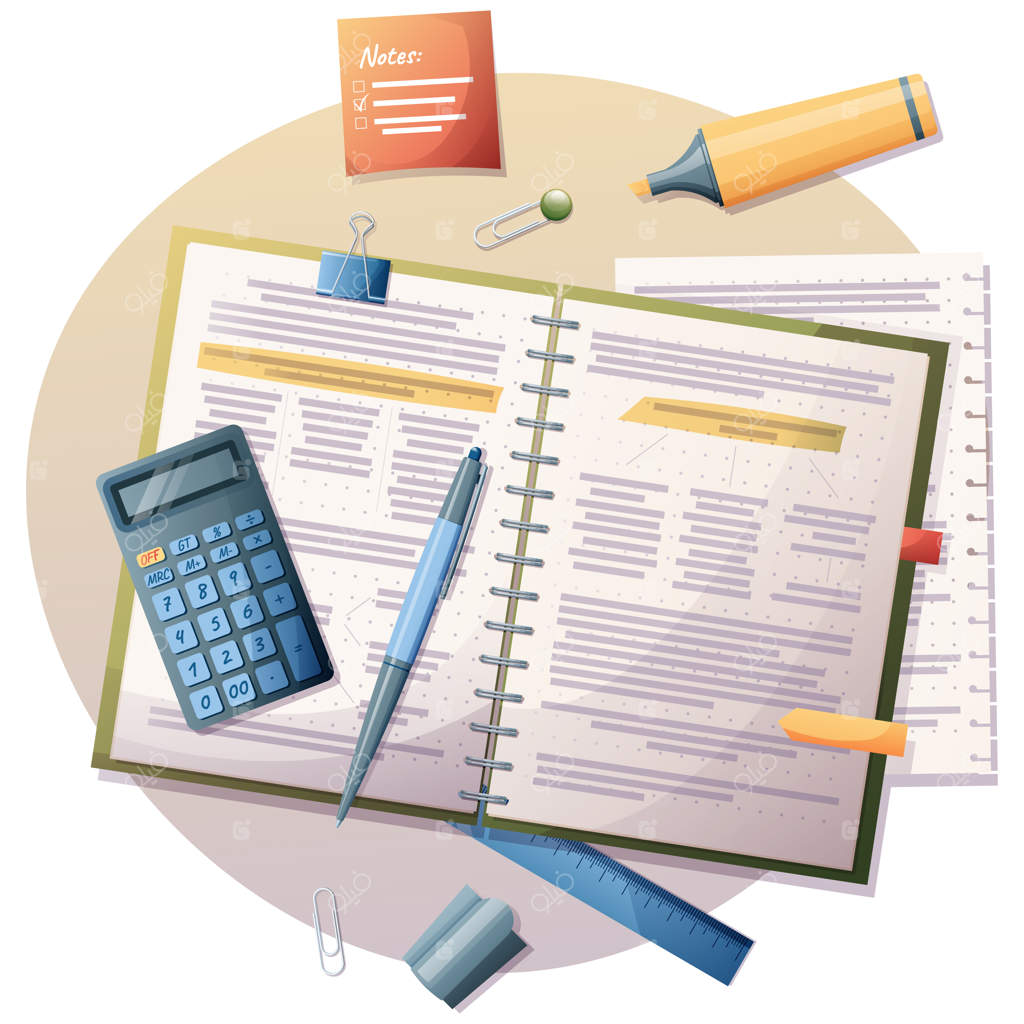 تصویری از دفتر مدرسه، ماشین حساب، ماژیک‌ها، برچسب‌ها و لوازم تحریر بازگشت به مدرسه و آموزش