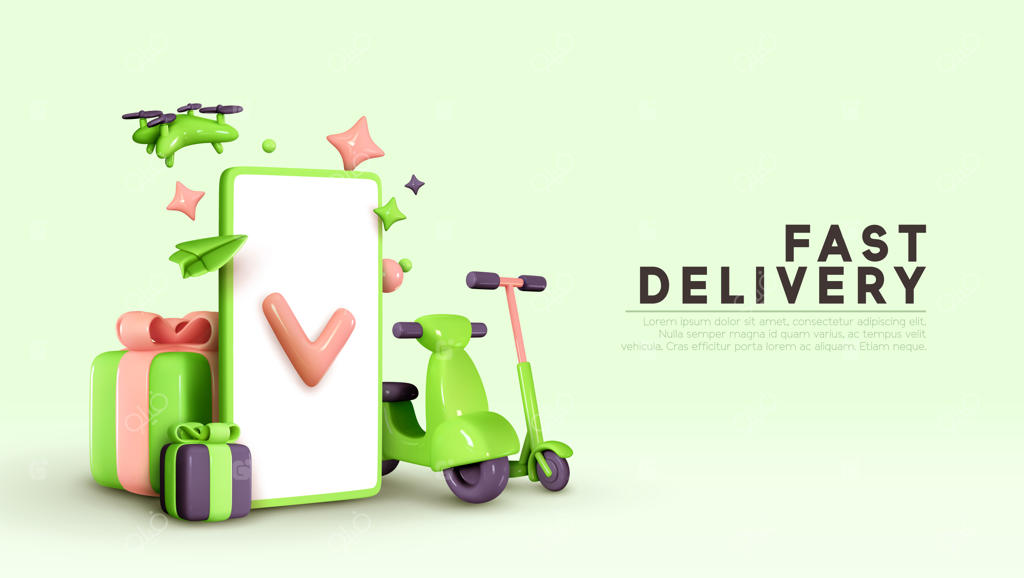 تحویل سریع: موتور سیکلت، اسکوتر برقی، پهپاد، تلفن همراه - ایده‌پردازی خلاقانه طراحی سه‌بعدی واقعی. صفحه فرود و پوستر بنری برای وب‌سایت. سفارش آنلاین خدمات و کالاها.