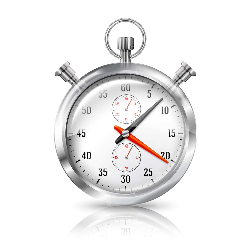 ساعت زمان‌سنج نقره‌ای براق با بازتاب، بر روی زمینه سفید.