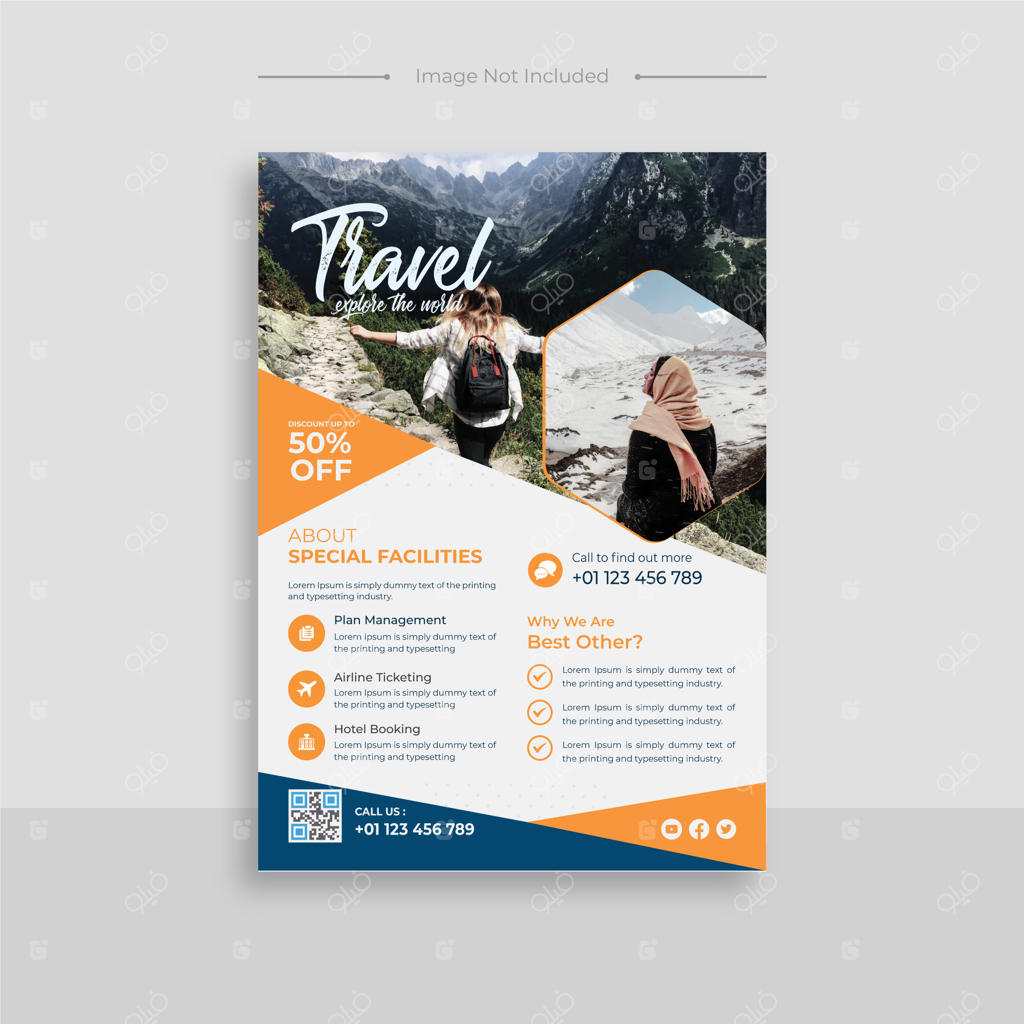 قالب تراکت آژانس مسافرتی و تور جهانگردی با موضوع کاوش در دنیا و زمان سفر