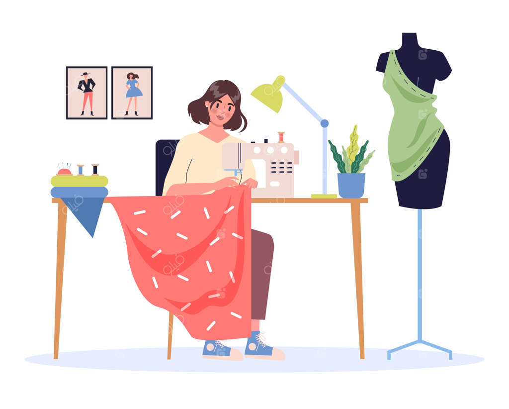 مد در محیط کار: زن جوان با چرخ خیاطی قدرتمند و مانکن خیاطی