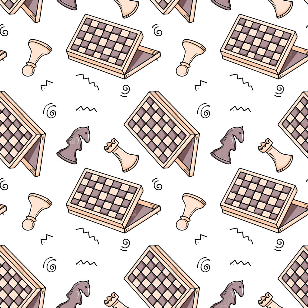 طرح شطرنج با مهره‌ها و صفحه، طراحی وکتور دست‌کشیده. بافت بازی‌های رومیزی