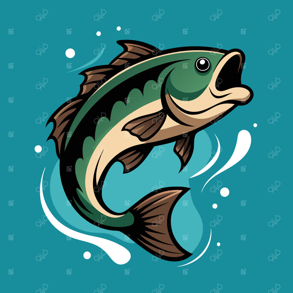 تصویر کارتونی ماهی جهنده با پاشش روی زمینه آبی، باس آب شیرین، طراحی لوگوی ماهیگیری، ورزش، طبیعت، حیات وحش، کلیپ‌آرت حیوانات آبی