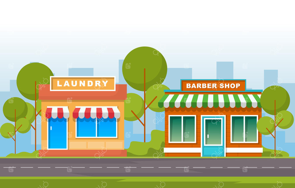 تصویر تخت از نمای بیرونی مغازه لباسشویی و آرایشگاه