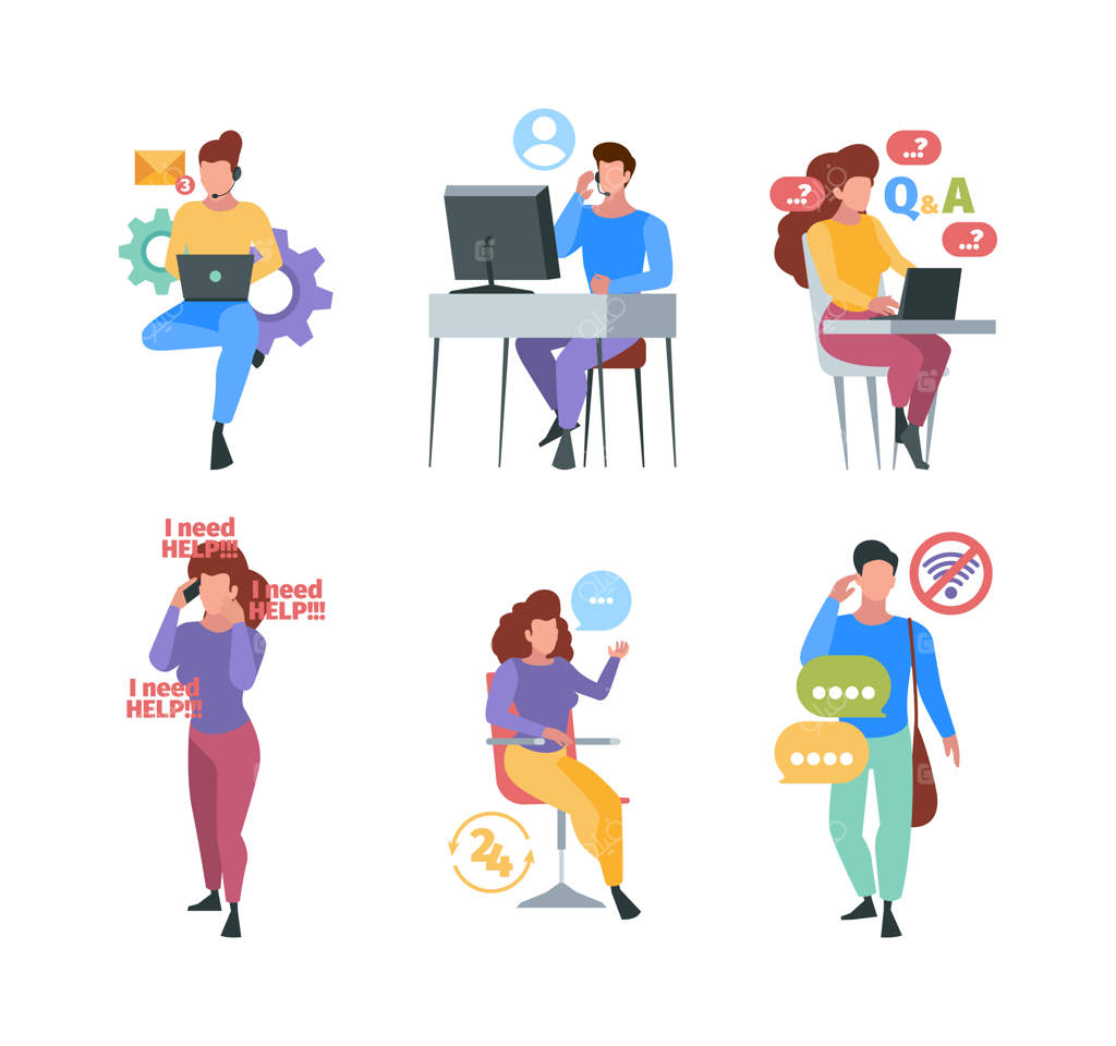 مرکز تماس: مشاوره آنلاین و راهنمایی اپراتورهای تلفن همراه (تصویرسازی برداری)