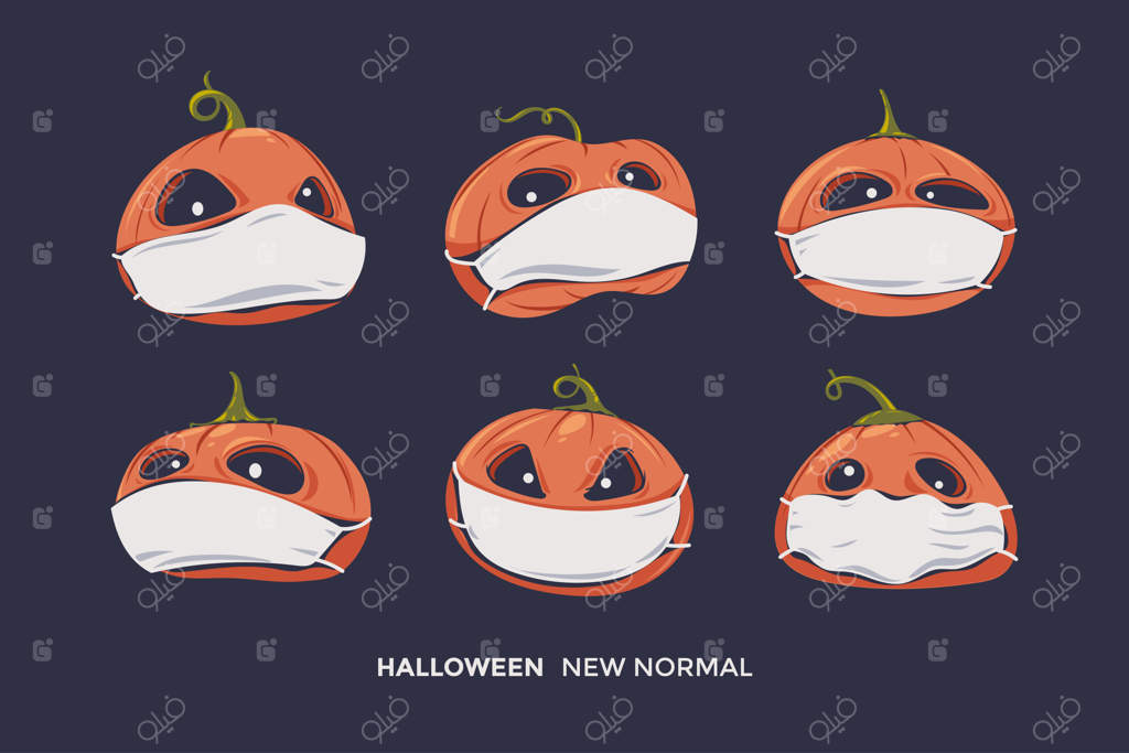 مجموعه ای از کدو تنبل های ترسناک هالووین با ماسک بهداشتی برای پروتکل سلامت در دوران کرونا