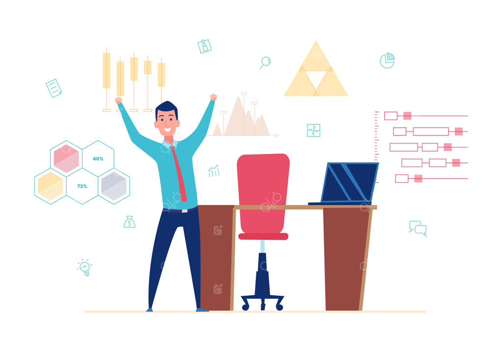 تاجر خوشحال در کنار محل کار ایستاده است؛ نمودارهای مالی و دفتر مدیر بانک - شخصیت وکتور