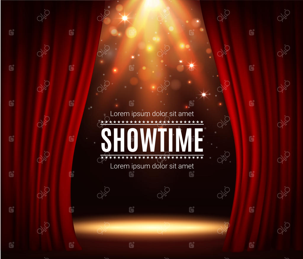 صحنه تئاتر با پرده‌های قرمز در پس‌زمینه