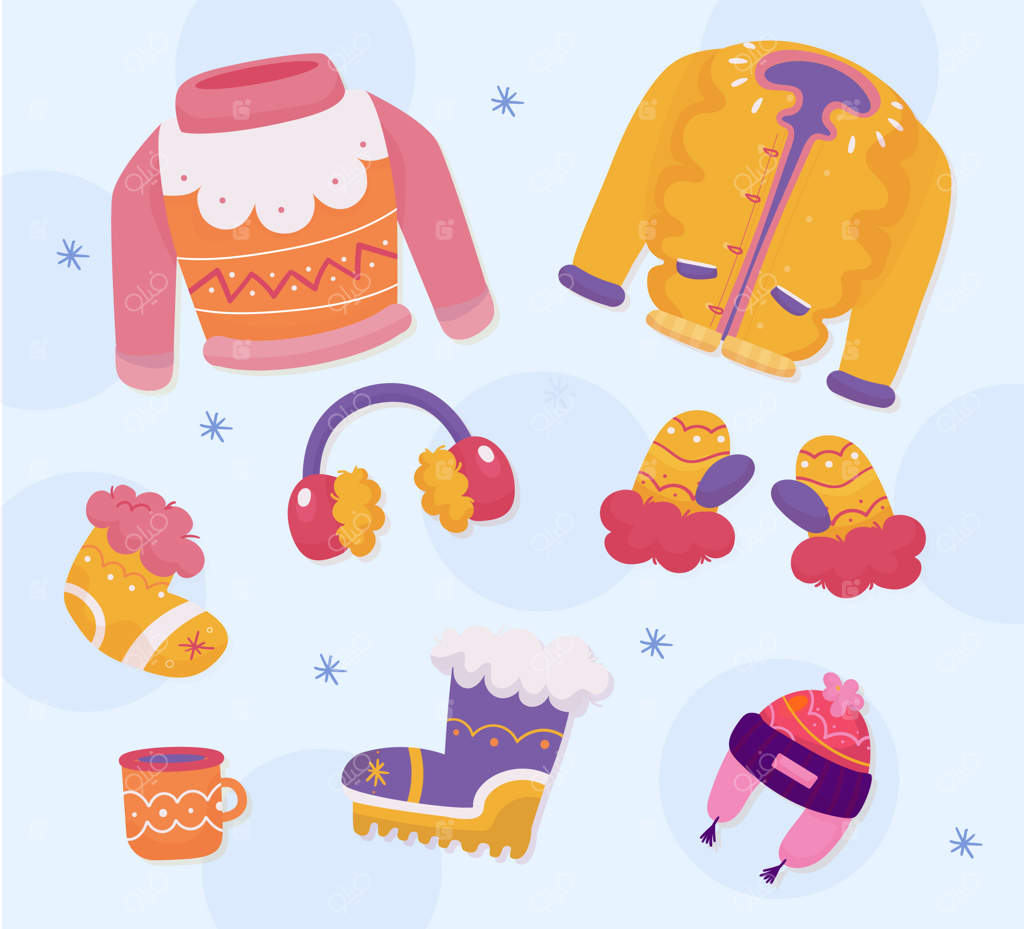 مجموعه دستی کشیده لباس‌ها و لوازم ضروری زمستانی