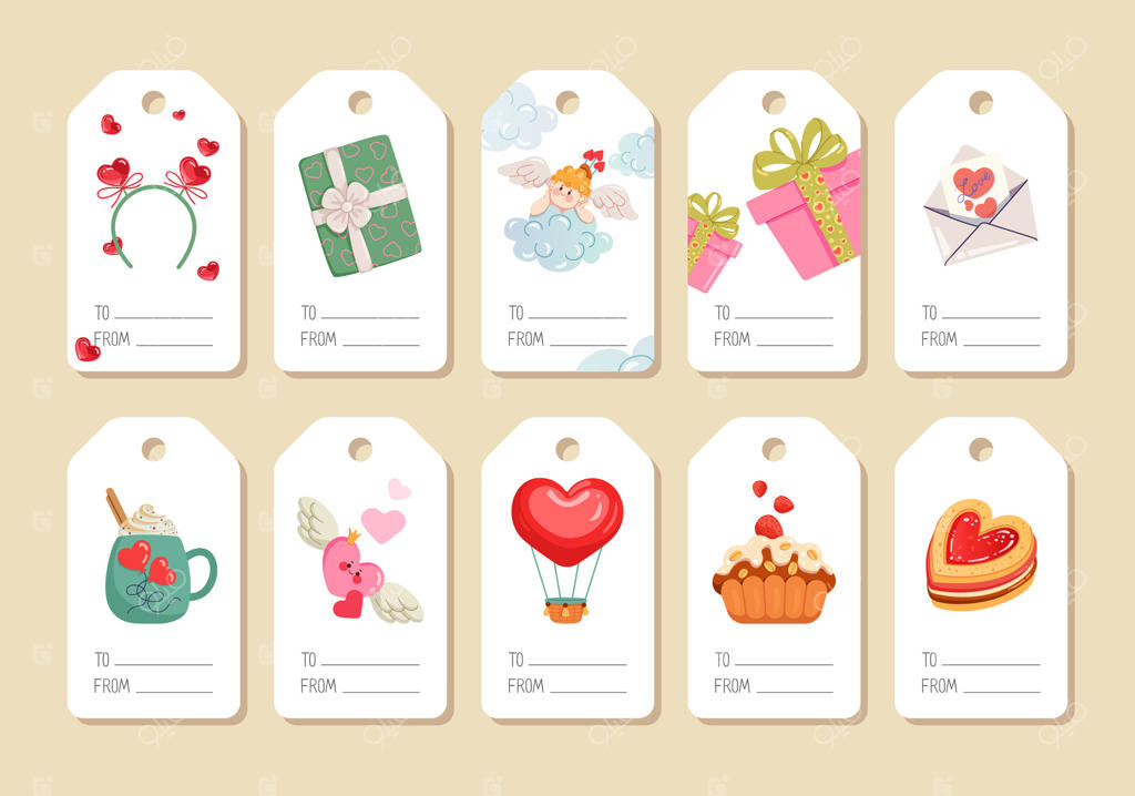 مجموعه برچسب‌های روز ولنتاین با عناصر رمانتیک و جذاب مثل کیوپید، قلب‌ها، نامه عاشقانه، کوکی و هدایا. ایده‌آل برای بسته‌بندی هدایا، کارت‌های سفارشی و تزئین بسته‌بندی. طراحی مسطح