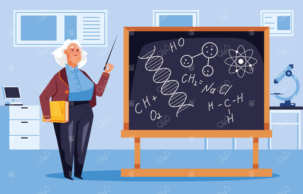 استاد و معلم در حال تدریس مفاهیم در کنار تخته سیاه