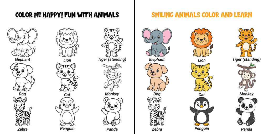 حیوانات کارتونی بامزه با چهره‌های خندان، نسخه‌های سیاه و سفید و رنگی، به سبک کتاب رنگ‌آمیزی کودکان