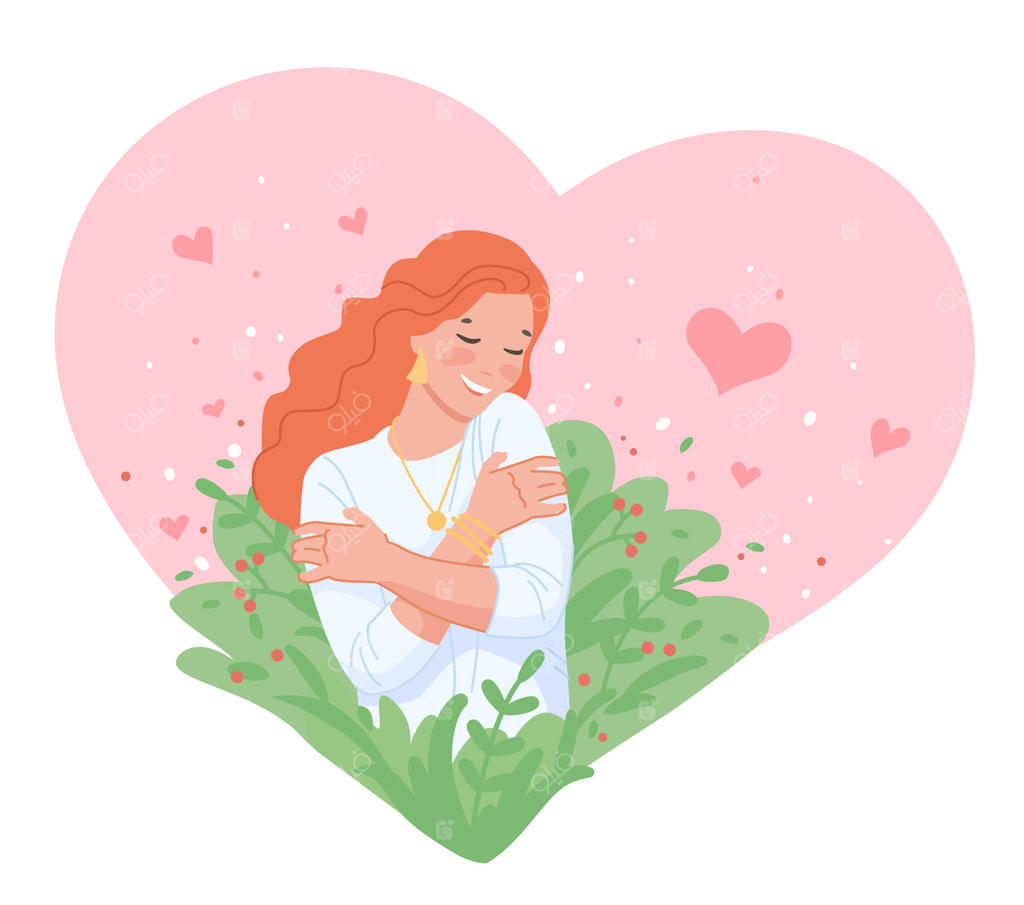 دختری خود را در آغوش می‌گیرد: عشق و مراقبت زنانه، اعتماد به نفس بانوان، احترام به خود، زیبایی بدن مثبت، بانویی که پوست سالم خود را در آغوش دارد، کاراکتری خودخواه و شیک - تصویرسازی وکتور