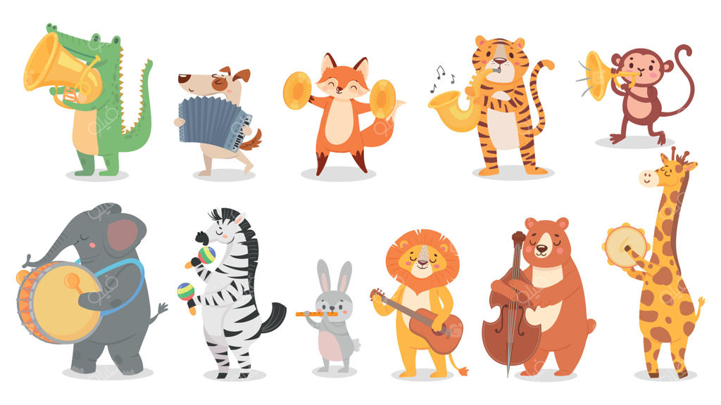 حیوانات نوازنده: مجموعه‌ای از تصاویر وکتور حیوانات بامزه‌ای که آلات موسیقی می‌نوازند، میمون با ترومپت و کروکودیل با ساکسیفون