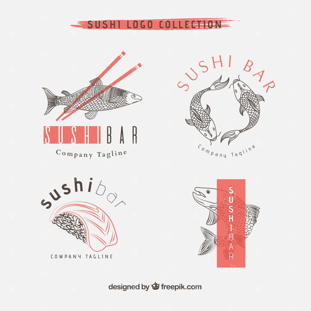 مجموعه لوگوهای دست‌کشیده رستوران سوشی