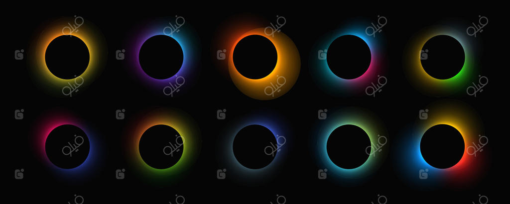 قاب دایره‌ای نورانی با گرادیانت: مجموعه‌ای از ده بنر نئونی گرد روی پس‌زمینه مشکی. تصویری زیبا