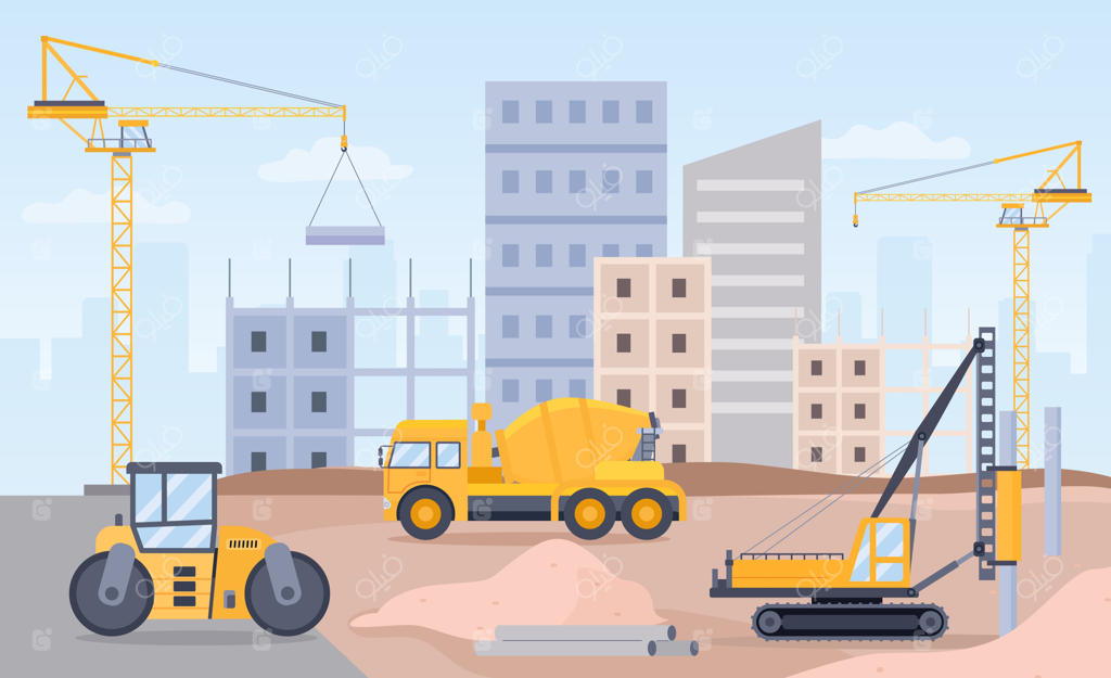 محوطه ساخت و ساز: منظره‌ای از فرآیند ساخت با جرثقیل، بولدوزر، بیل مکانیکی و ماشین مخلوط‌کن بتن. مفهوم ساخت و ساز شهری. تصویرسازی توسعه صنعت ساختمان