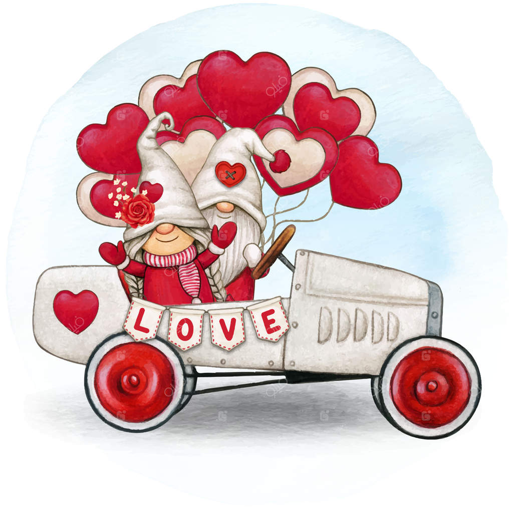 ماشین ولنتاین بامزه با آبرنگ، قلب‌ها و جن‌ها