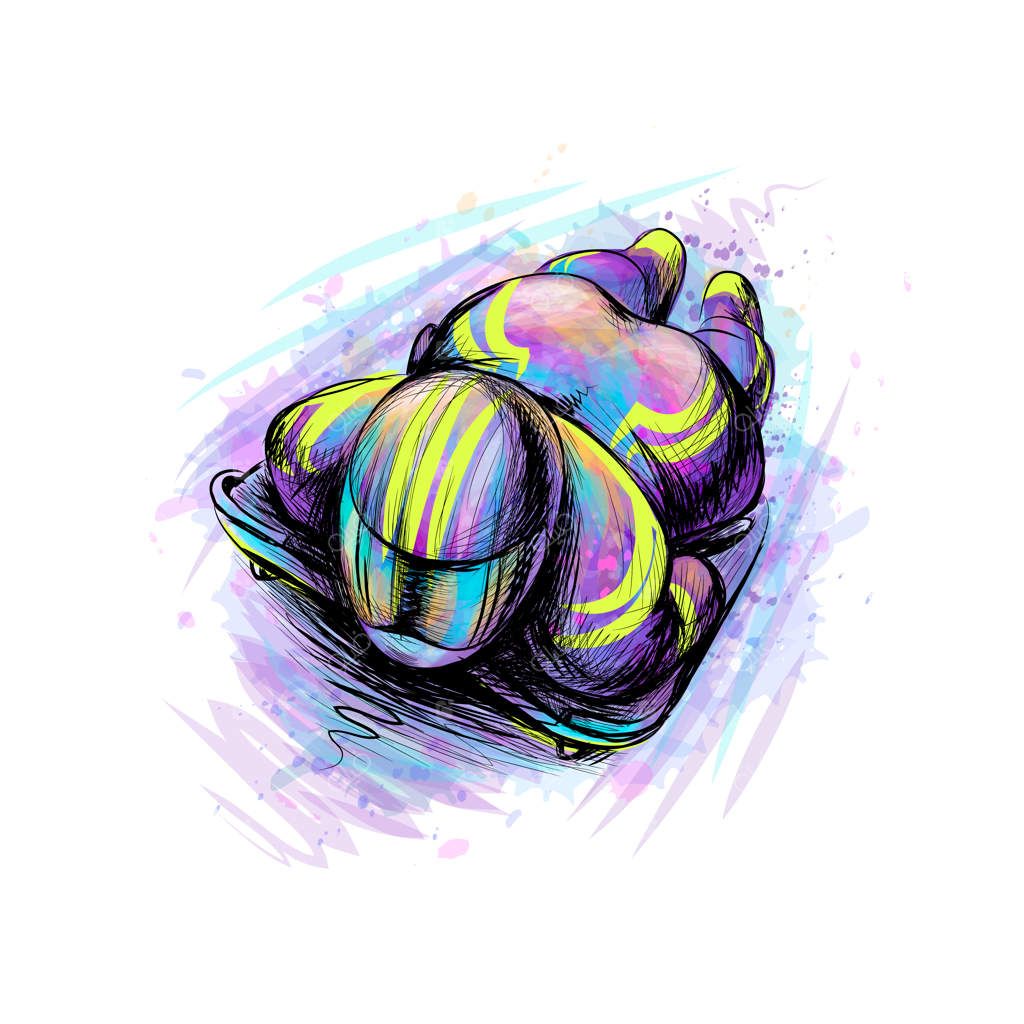 استخوان‌بندی از پاشیدن رنگ‌های آبرنگ. طرح دستی. ورزش زمستانی سرازیری با سورتمه. تصویرسازی با رنگ‌ها