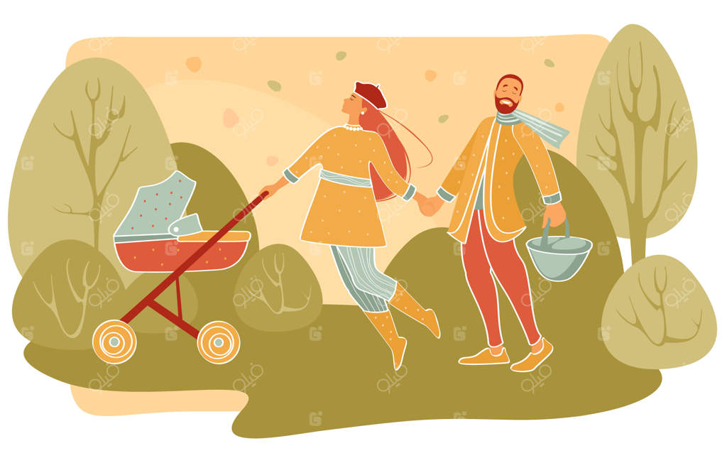 پیاده‌روی پاییزی با کالسکه: خانواده‌ای جوان در پارک قدم می‌زنند