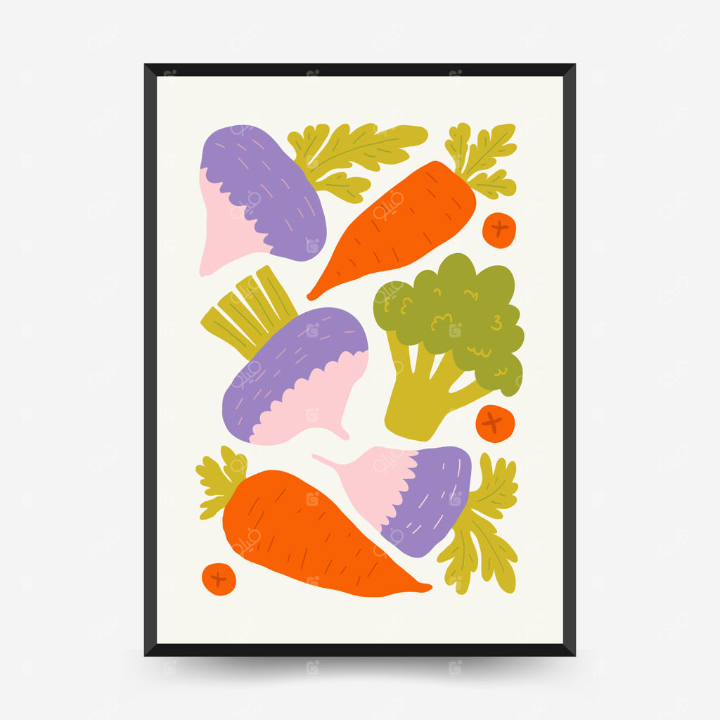 قالب پوستر انتزاعی میوه و سبزیجات با طراحی دستی غذای سالم