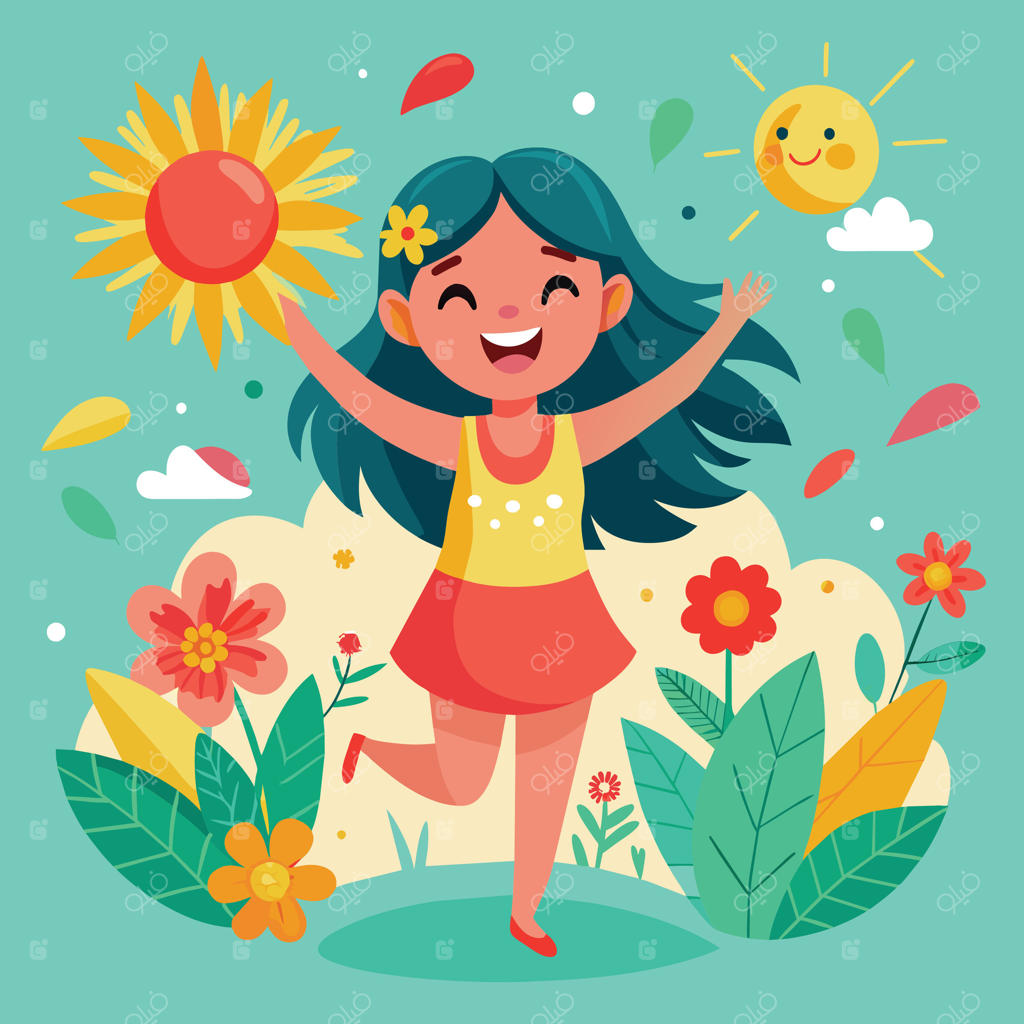 تصویر دختر خوشحال همراه با آفتاب و گل‌ها در باغ