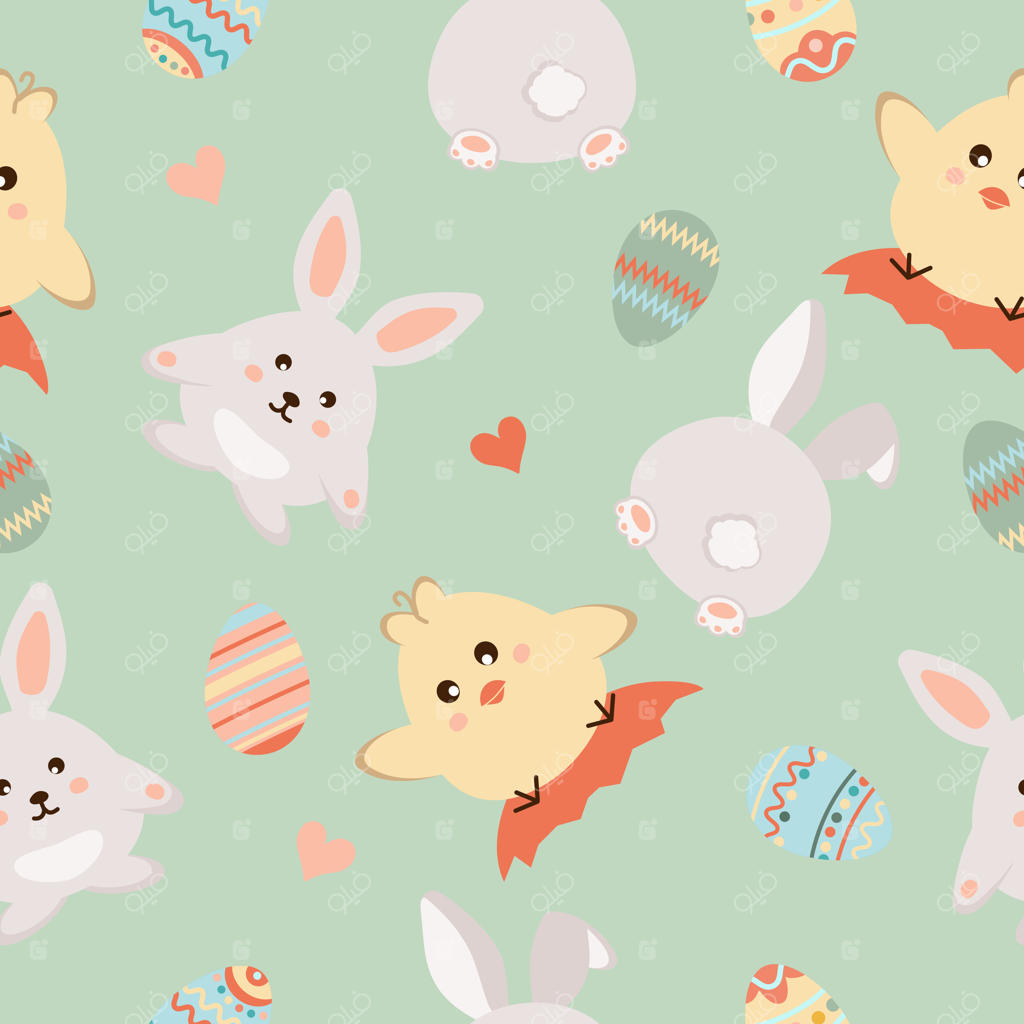 عید پاک مبارک. پترن یکپارچه با تخم‌مرغ‌های عید پاک، خرگوش، جوجه و قلب در پس‌زمینه سبز.