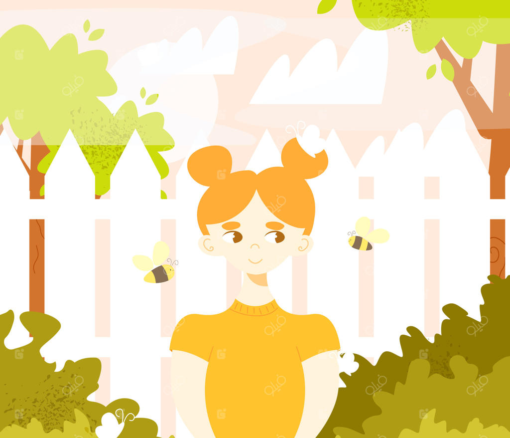 دختر کوچولوی زیبا در باغ بهاری یا تابستانی در میان زنبورها و پروانه‌ها ایستاده است. شخصیت کارتونی ساده