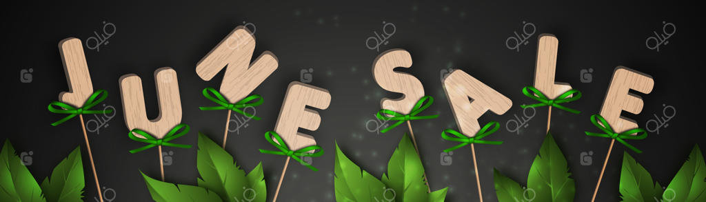 فروش ویژه ماه ژوئن: حروف چوبی با روبان‌های سبز زیبا و برگ‌های تابستانی بر زمینه سیاه - تزئینات دکوری وکتور