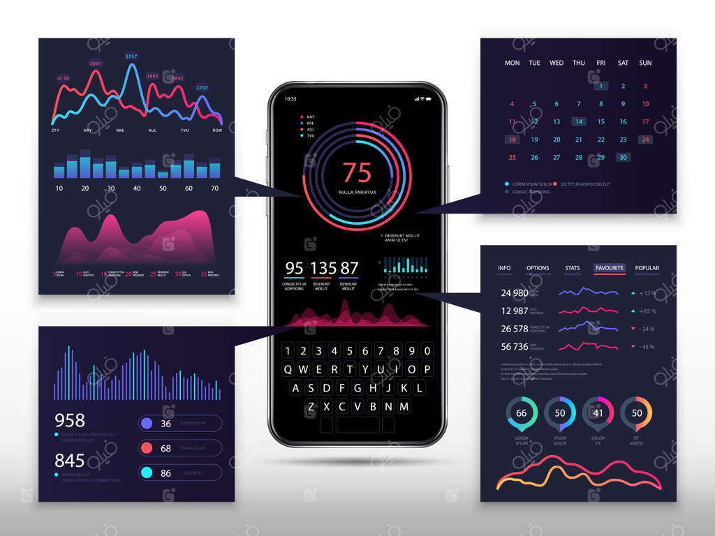 اینفوگرافیک اپلیکیشن هوشمند با گوشی سه‌بعدی، نمودارها و دیاگرام‌های بازاریابی