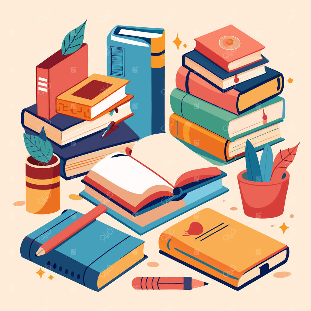 تصویرسازی خلاقانه و رنگارنگ آموزشی با کتاب‌ها و لوازم تحریر مدرسه