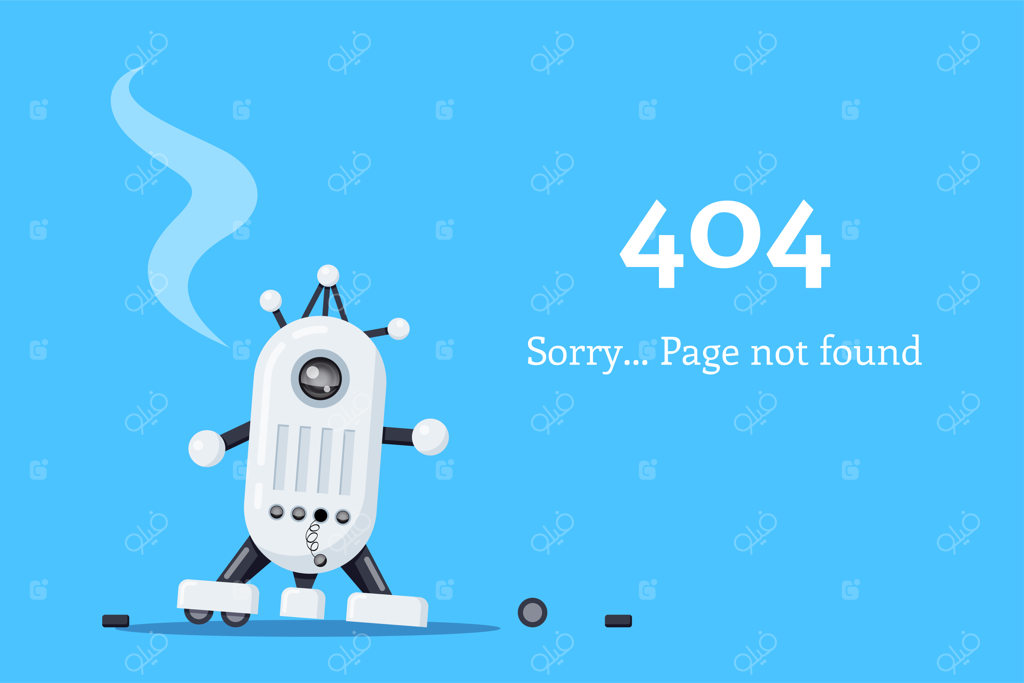 صفحه خطای ۴۰۴، آیکون ربات خراب، صفحه پیدا نشد، تصویرسازی به سبک تخت