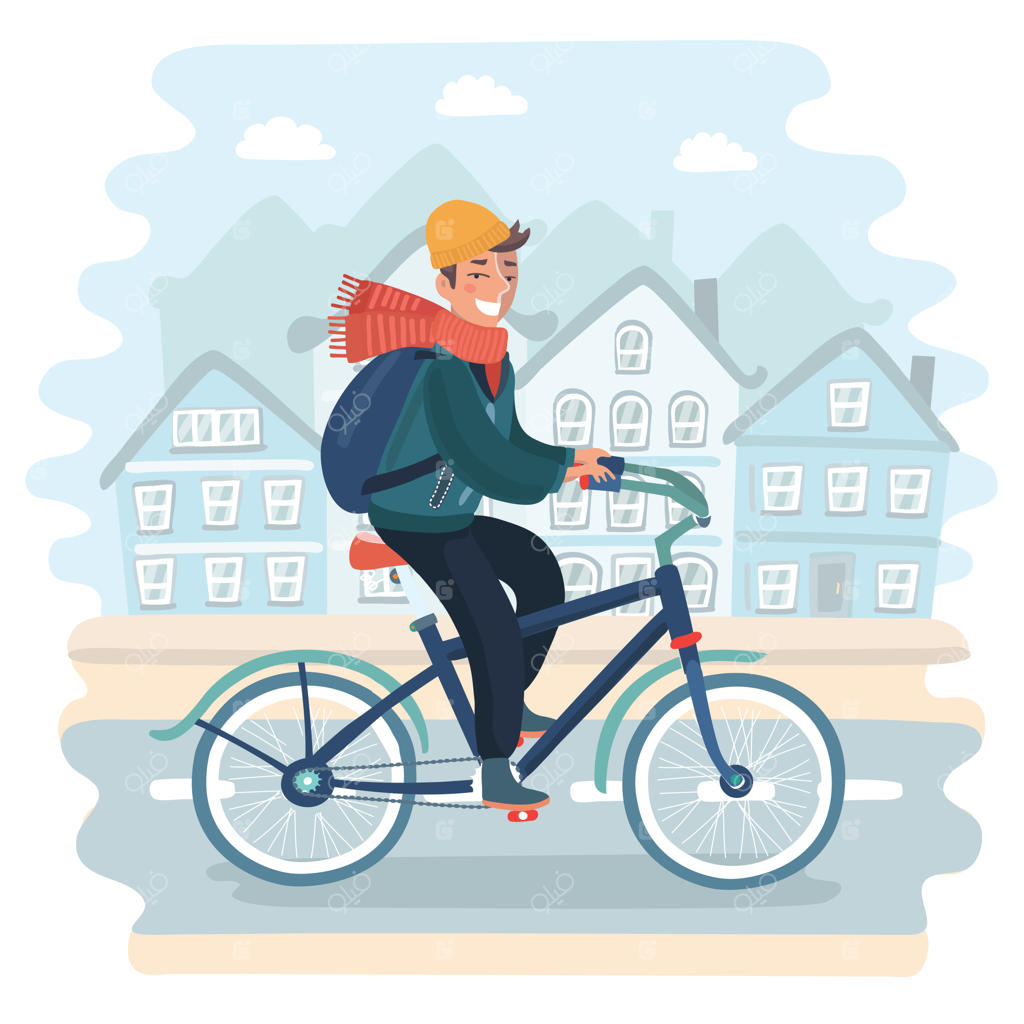 جوانی با دوچرخه و هدفون که به‌نظر می‌رسد با اعتماد به‌نفس به جلو نگاه می‌کند، در میدان شهر ایستاده است.