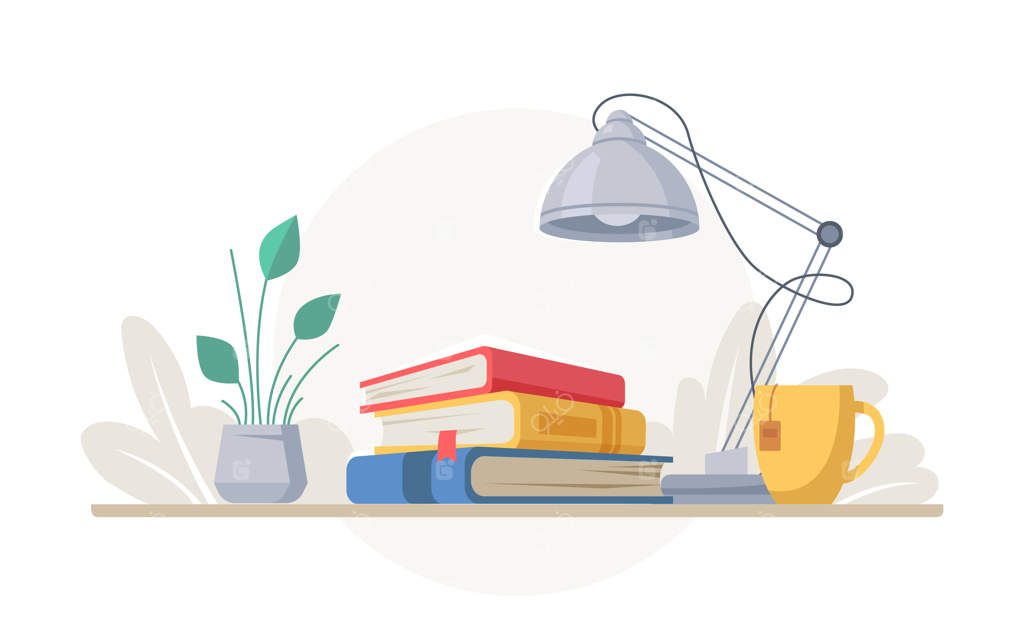 محیط کاری دلپذیر با دسته‌ای از کتاب‌ها، چراغ مطالعه و فنجان چای
