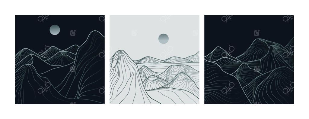 مجموعه طرح‌های خطی مدرن، مینیمال و خلاقانه با سبک طراحی دستی. پس‌زمینه منظره انتزاعی طبیعت شامل کوه، جزیره و دریا؛ تصویرسازی وکتور
