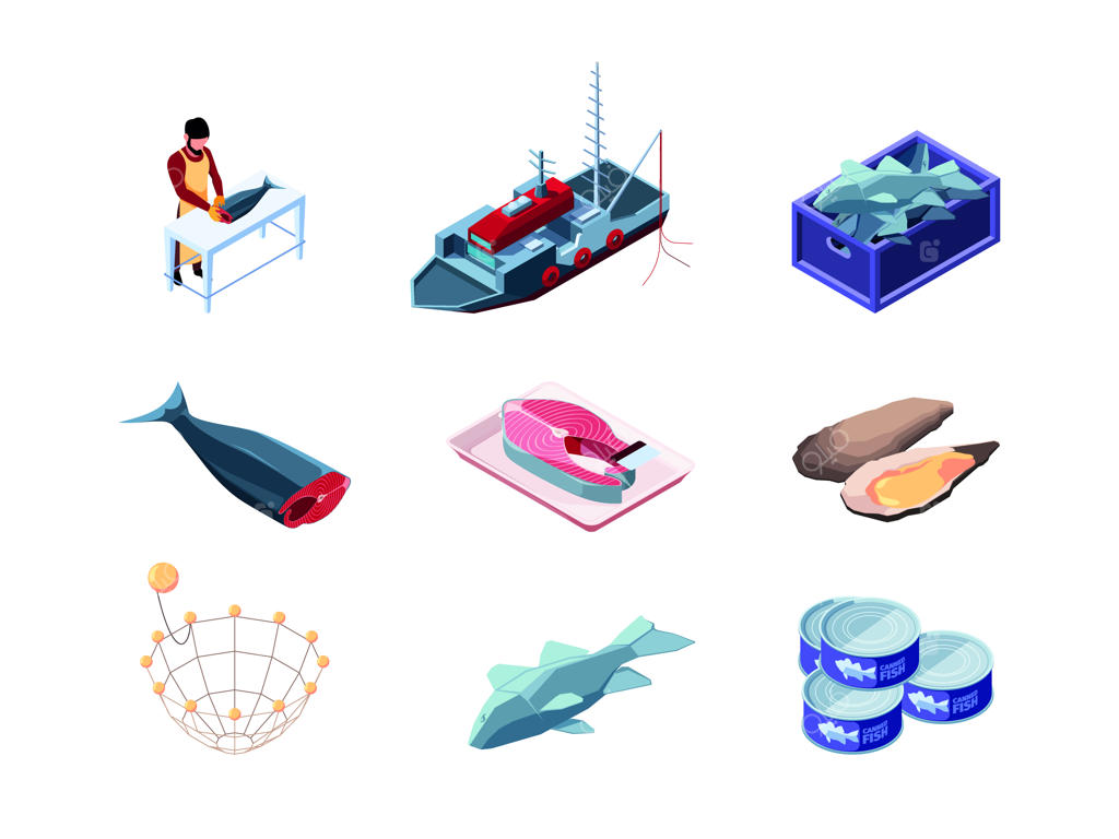 صنعت ماهیگیری: تولید محصولات دریایی و کار ماهیگیران تجاری در اقیانوس - تصویر ایزومتریک وکتور رنگارنگ