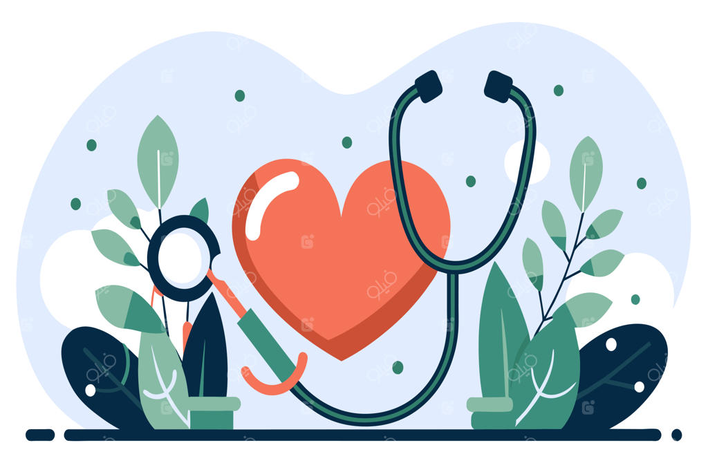 طرح نمادین قلب و گوشی پزشکی در میان برگ‌های سبز، نماد مراقبت‌های درمانی