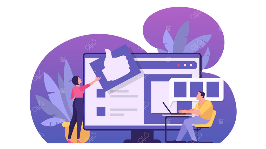 مفهوم نظرات آنلاین: مردم بازخورد می‌دهند، نظرات مثبت و منفی. ایده نظرسنجی و ارزیابی. تصویرسازی به سبک کارتون.