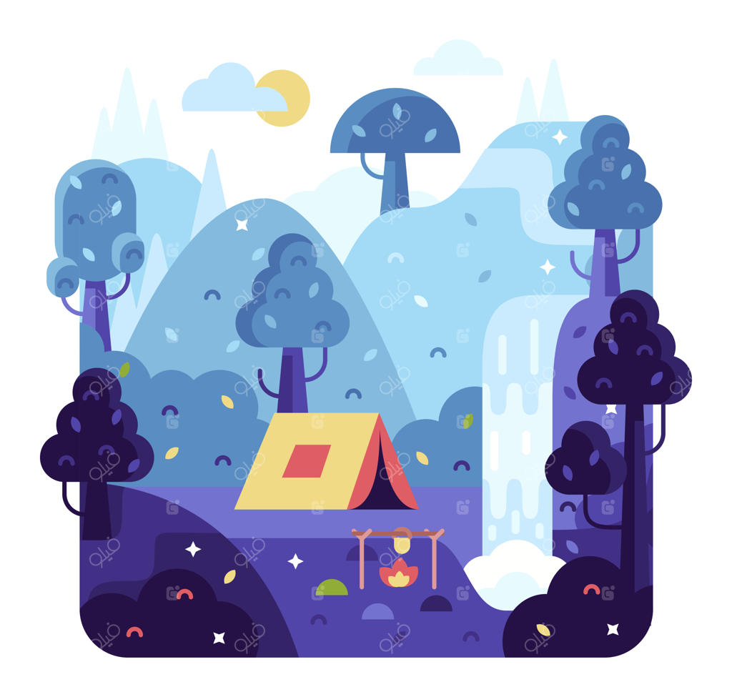 تصویرسازی کارتونی از منظره طبیعت با طراحی تخت: درختان، تپه‌ها و ابرها