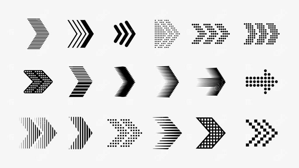 مجموعه آیکون‌ها و نمادهای فلش سیاه در سبک‌ها و جهت‌های متنوع مناسب برای پروژه‌های طراحی