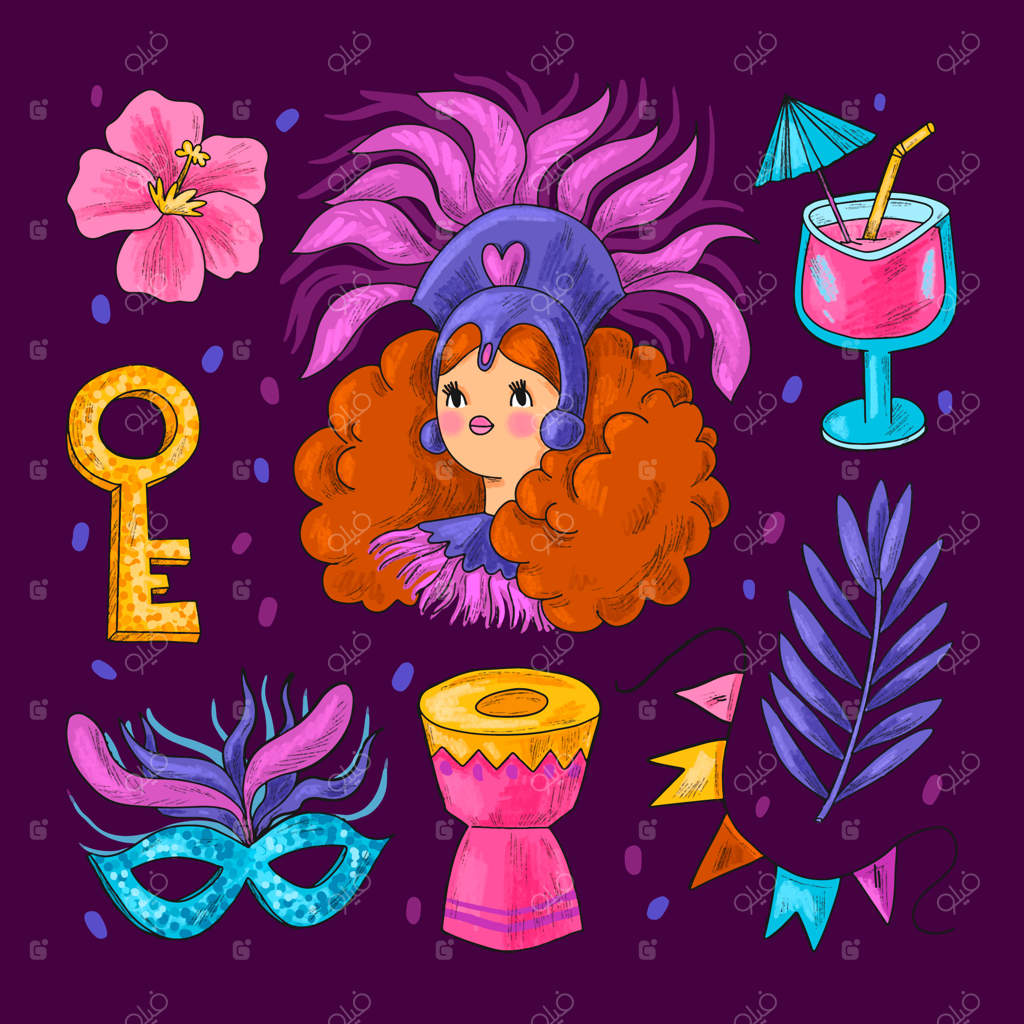 مجموعه عناصر طراحی شده با دست برای کارناوال برزیلی