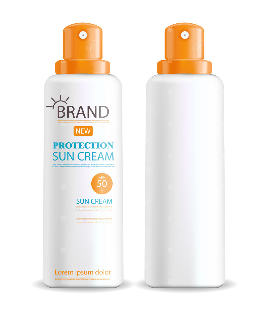 بطری کرم ضد آفتاب واقع‌گرایانه، زمینه سفید، بسته‌بندی، محافظت از کرم ضد آفتاب، لوازم آرایشی تابستانی