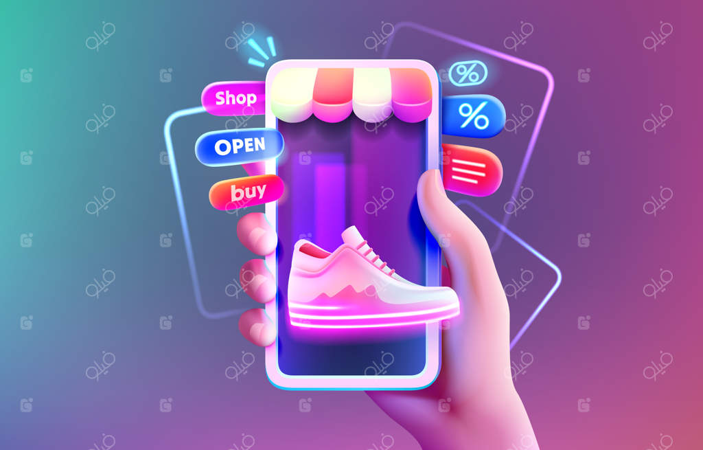 ویترین فروشگاه در بازار آنلاین تخفیف و خرید گوشی هوشمند، وکتور