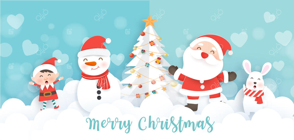 کریسمس مبارک با بنری از بابانوئل بامزه و دوستانش.