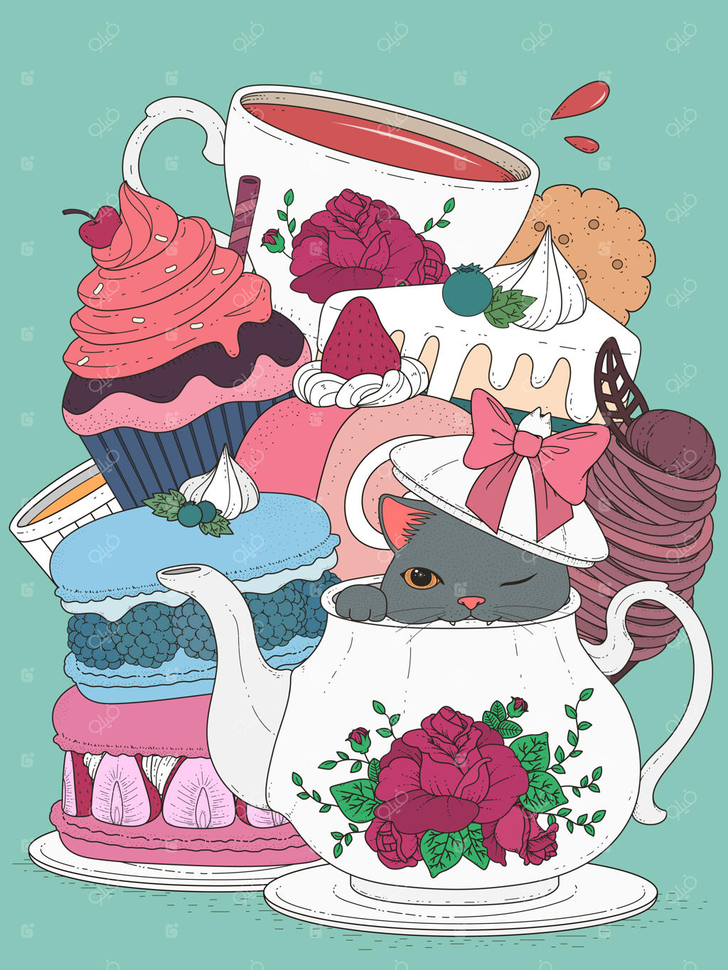 گربه با شیرینی و چای