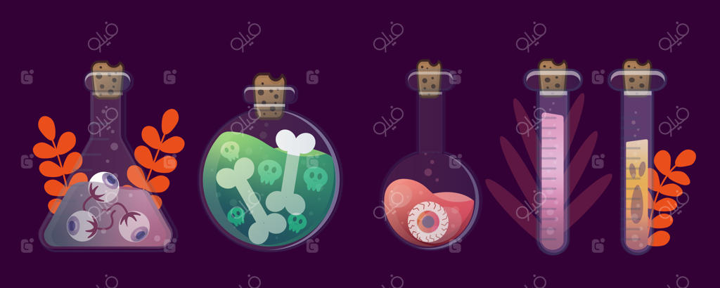 مجموعه‌ای از بطری‌های تخت با انواع معجون‌ها