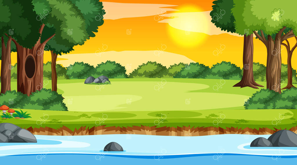 منظره جنگل طبیعی در غروب با رودخانه‌ای که از میان جنگل می‌گذرد