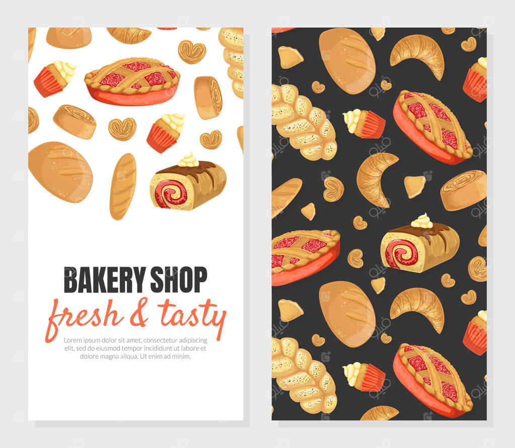 پترن کارت فروشگاه نانوایی با طرح یکپارچه محصولات تازه و خوشمزه نانوایی، مناسب برای منو، بسته‌بندی، بروشور و گواهینامه