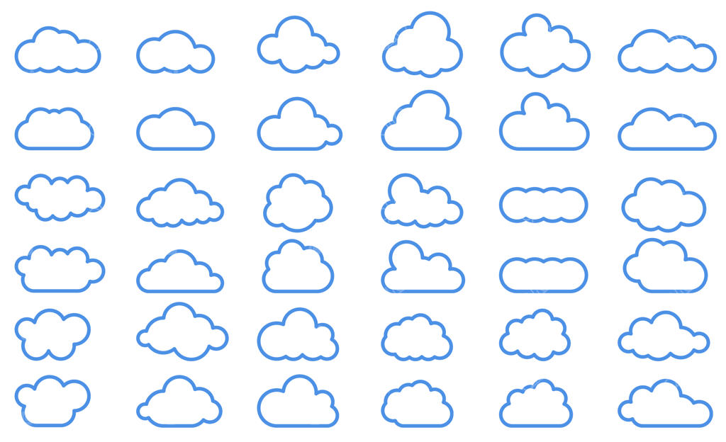 مجموعه ابرهای آبی و انتزاعی آسمان با طرح خطی نازک در پس‌زمینه سفید