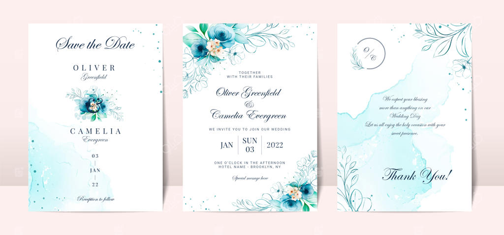 کارت دعوت عروسی آبی با تزیینات گل‌های آبرنگی و پس‌زمینه انتزاعی